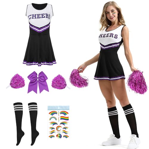 Cheerleader Kostüm Damen,Kostüm Cheerleader,Cheerleadering Outfit Mädchen,Kostüme für Erwachsene,Cheer Outfit Fasching Party Halloween Kostüm Kleid mit Pompoms Socken,Karneval,Mottoparty. (Schwarz, M) von Shengou