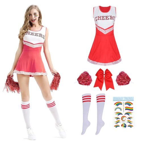 Cheerleader Kostüm Damen für Erwachsene,Cheerleading outfit,Cheerleadering Outfit,High school musical cheerleader kostüm,Cheerleader Pompoms für Verkleidung Karneval Party Cosplay Fasching Halloween von Shengou