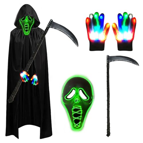 Halloween Sensenmann Kostüm Set,Halloween Kostüm Jungen,Sensenmann Kostüm Erwachsene,Leuchtende Maske Set mit Sensemann Umhang und Sense und Glow Handschuhe für Party Karneval Cosplay von Shengou