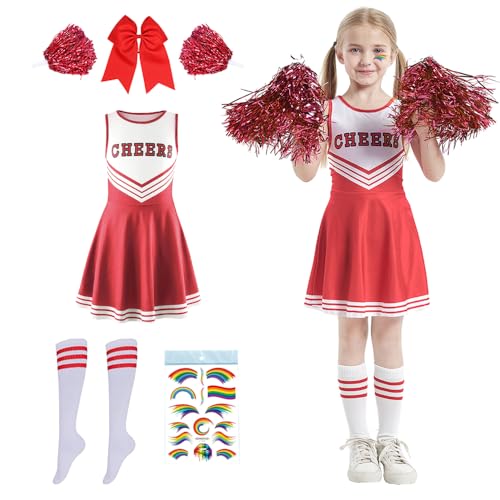 Shengou Cheerleader Kostüm Kinder,Cheerleadering Outfit Mädchen,Cheerleading Uniform Kleid,Kinder Cheer Outfit mit Pompoms Socken,Kinderkostüm Cheerleader,für Karneval Halloween,Fasching,Mottoparty von Shengou