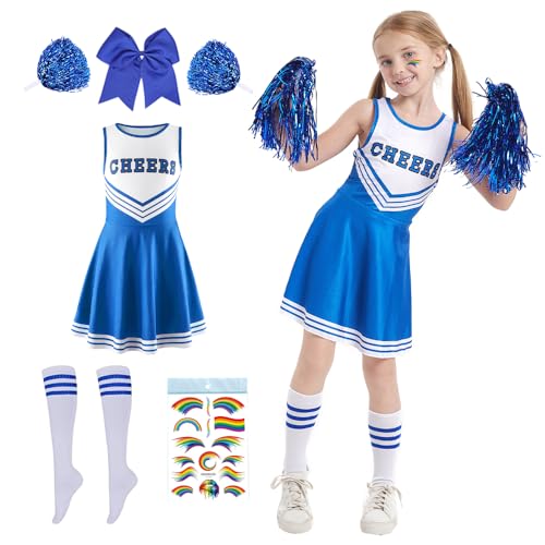 Shengou Cheerleader Kostüm Kinder,Cheerleadering Outfit Mädchen,Cheerleading Uniform Kleid,Kinder Cheer Outfit mit Pompoms Socken,Kinderkostüm Cheerleader,für Karneval Halloween,Fasching,Mottoparty von Shengou