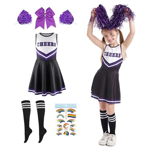 Shengou Cheerleader Kostüm Kinder,Cheerleadering Outfit Mädchen,Cheerleading Uniform Kleid,Kinder Cheer Outfit mit Pompoms Socken,Kinderkostüm Cheerleader,für Karneval Halloween,Fasching,Mottoparty von Shengou