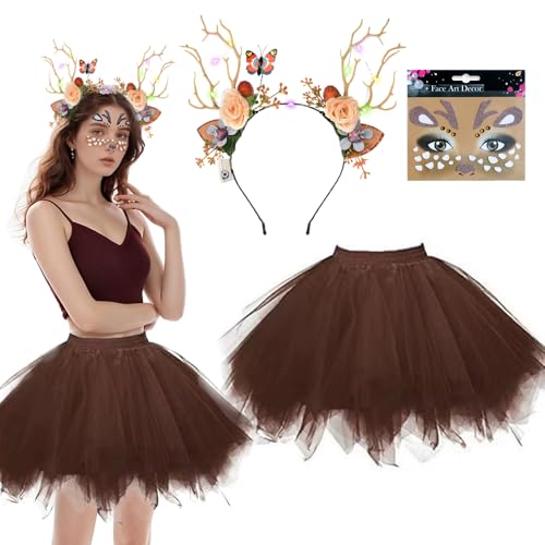 Shengou Rentier Kostüm Damen,Rentier Kostüm Erwachsene,LED Rentier Haarreif und Tüllrock Reh,Tierkostüm Erwachsene für Karneval Halloween Weihnachten Cosplay Kostüm Mottoparty mit Gesichtsaufkleber von Shengou