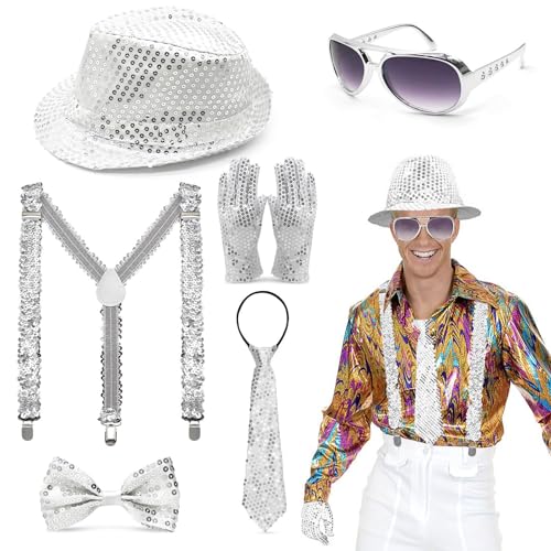 6 Stück Glitzer Outfit Herren,Glitzer Accessoires Herren,Pailletten Kostüm,Glitzer Kostüm Disco Outfit Herren mit Glitzer Krawatte Hut Fliege Hosenträger Handschuhe Sonnenbrille von Shengruili