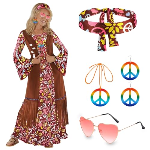 60er 70er Jahre Kostüm Damen,Hippie Kleid Kostüm für Damen,Hippie Kostüm Damen Set,70er Jahre Bekleidung Damen,Kostüm Damen Hippie Kleid,Hippie Damen Kleid Set,60er Jahre Bekleidung Accessoires von Shengruili