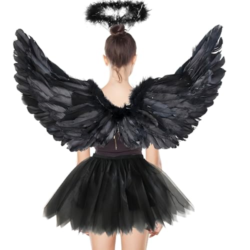 60CM Engelsflügel Erwachsene,3 Stück Schwarz Engel Kostüm Damen Set,mit Tutu-Rock,Engel Stirnband,Engelflügel für Halloween Karneval Party Cosplay von Shengruili