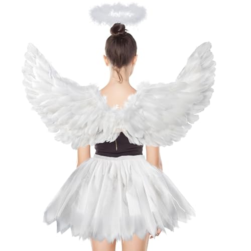 80CM Engelsflügel Erwachsene,3 Stück Weiß Engel Kostüm Damen Set,mit Tutu-Rock,Engel Stirnband,Engelflügel für Halloween Karneval Party Cosplay von Shengruili