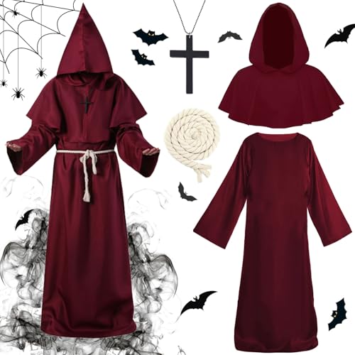 Halloween Mönch Robe Kostüm,Mönch Priester Gewand mit Kreuzanhänger und Gürtel,Herren Männer Mönchskutte,Priester Robe Kostüm,Herren Cosplay Mönchskostüm,Mittelalterliche Kapuze Renaissance Robe von Shengruili