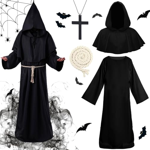 Halloween Mönch Robe Kostüm,Mönch Priester Gewand mit Kreuzanhänger und Gürtel,Herren Männer Mönchskutte,Priester Robe Kostüm,Herren Cosplay Mönchskostüm,Mittelalterliche Kapuze Renaissance Robe von Shengruili