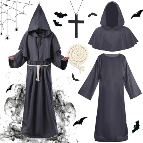 Halloween Mönch Robe Kostüm,Mönch Priester Gewand mit Kreuzanhänger und Gürtel,Herren Männer Mönchskutte,Priester Robe Kostüm,Herren Cosplay Mönchskostüm,Mittelalterliche Kapuze Renaissance Robe von Shengruili