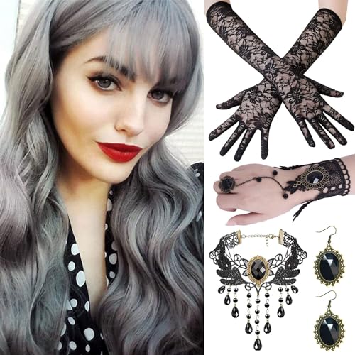 Halloween Perücke Damen,Frauen Perücke Mit Gotisch Halskette Armbänder Ohrringe,Lace Handschuhe,Grey Wig Lang Haar Gelockt,Perücke Frauen Kostüm Halloween für Halloween Karneval Cosplay Kostüm Party von Shengruili