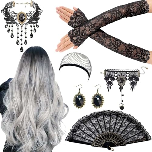 Halloween Perücke Damen,Frauen Perücke Mit Gotisch Halskette Armbänder Ohrringe,Lace Handschuhe,Grey Wig Lang Haar Gelockt,Perücke Frauen Kostüm Halloween für Halloween Karneval Cosplay Kostüm Party von Shengruili