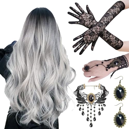 Halloween Perücke Damen,Frauen Perücke Mit Gotisch Halskette Armbänder Ohrringe,Lace Handschuhe,Grey Wig Lang Haar Gelockt,Perücke Frauen Kostüm Halloween für Halloween Karneval Cosplay Kostüm Party von Shengruili