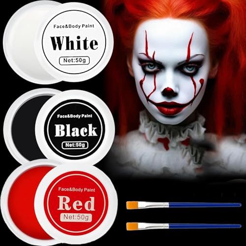 150g Halloween Schminke Schwarz Weiß Rot,Face Paint für Theaterschminke,Halloween Gesichtsfarbe mit Makeup Pinsel,Faschingsschminke für Halloween,Fasching,Kunsttheater,Cosplay Clown von Shengruili