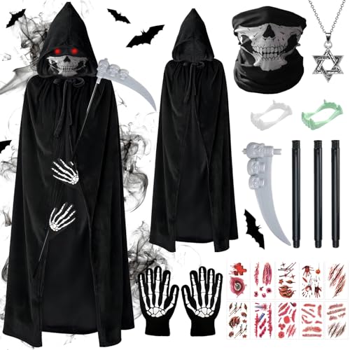 Halloween Sensenmann Kostüm Kinder,Sensenmann Kinderkostüm,Reaper Kostüm,Grim Reaper Sensenmann,Sensenmann Halloween,Halloween Kostüm Set,Vampir Umhang Sichel Kleidung für Party Karnevals Cosplay von Shengruili