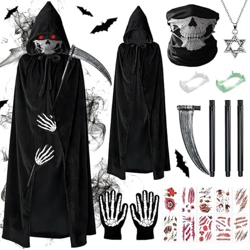 Halloween Sensenmann Kostüm Kinder,Sensenmann Kinderkostüm,Reaper Kostüm,Grim Reaper Sensenmann,Sensenmann Halloween,Halloween Kostüm Set,Vampir Umhang Sichel Kleidung für Party Karnevals Cosplay von Shengruili