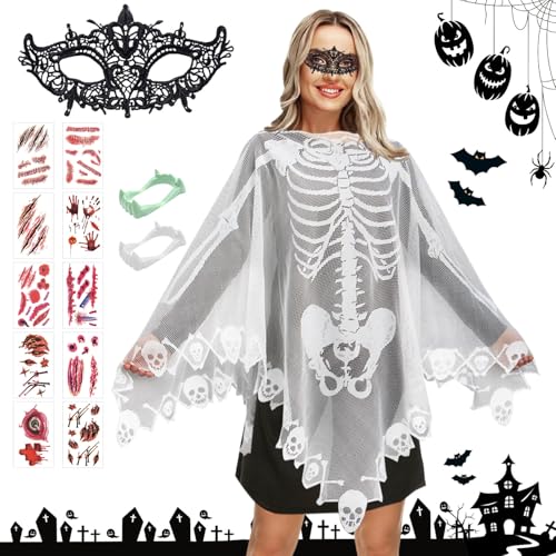 Halloween Skelett Poncho,Halloween Kostüme für Frauen Skelett Umhang,Druck Langärmliges Fledermaus Kostüm,Halloween Damen Fledermausflügel Design Kleid,Kleidung für Cosplay Halloween Karneval Party von Shengruili