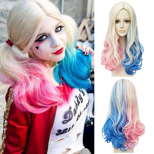 Harley Quinn Perücke Damen,Lang Cosplay Perücke,Bösewicht Perücke,Quinn Cosplay Perücke,Blond Blau Rosa Perücken für Karneval Halloween Fasching Kostüme Party von Shengruili