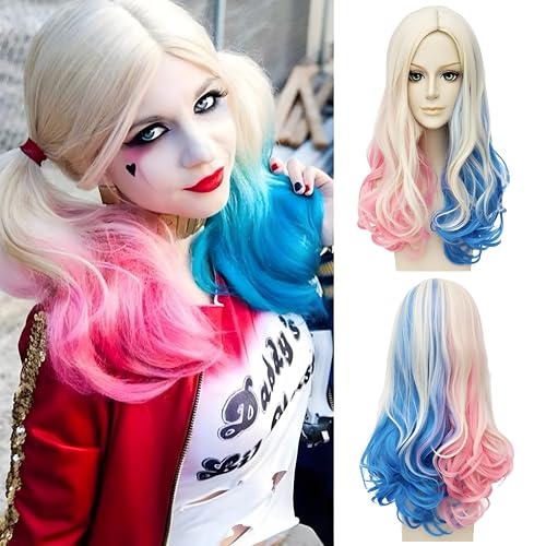 Harley Quinn Perücke Damen,Lang Cosplay Perücke,Bösewicht perücke,Quinn Cosplay,Blond Blau Rosa für Karneval Halloween Fasching Kostüme Party Harley Quinn Perücke Damen,Lang Cosplay Perücke,Bösewicht perücke,Quinn Cosplay,Blond Blau Rosa für Karneval Halloween Fasching Kostüme Party von Shengruili
