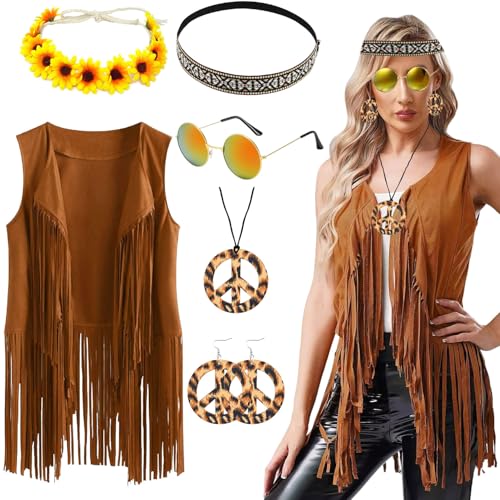 Hippie Kostüm Set,Fransenweste Hippie Kleidung Damen,Fransenweste,60er 70e Hippie Accessoires,Fransenweste,Stirnband,Sonnenbrille,Ohrringe,Halskette,Ein Blumenkranz,Bohemian Outfit Accessoires von Shengruili