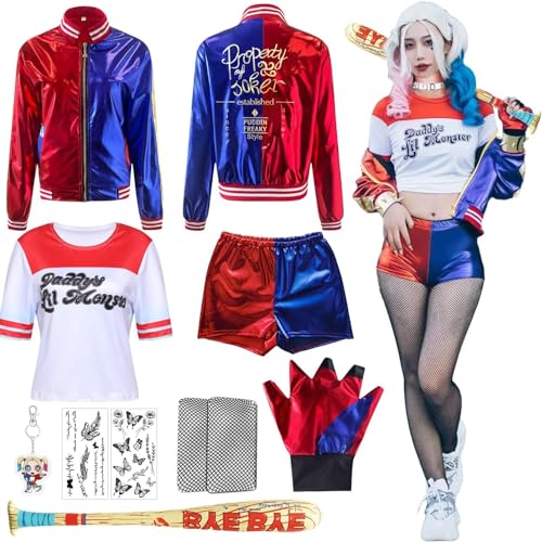 Kostüm Kinder,Quinn Cosplay Kostüme für Erwachsene,Mädchen Bösewicht Kostüm Kit Enthalten Jacke T-Shirt,Shorts,Handschuh und Ballon Stick,Quinn Kostüm Halloween Karneval Cosplay(Adult-L) von Shengruili