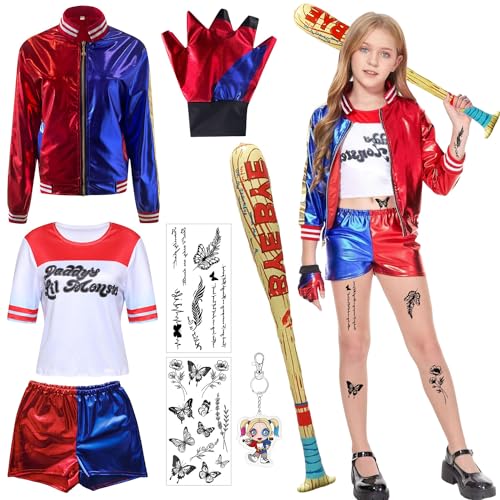 Kostüm Kinder,Quinn Cosplay Kostüme für Erwachsene,Mädchen Bösewicht Kostüm Kit Enthalten Jacke T-Shirt,Shorts,Handschuh und Ballon Stick,Quinn Kostüm Halloween Karneval Cosplay von Shengruili