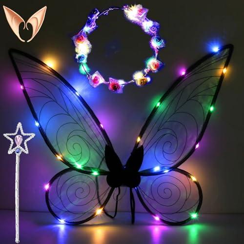 LED Feenflügel Leuchtende,Feenflügel Kinder,Schmetterlingsflügel mit Elfenöhren,LED Blumen Stirnband und Sterne Feenstäbe,Fairy Wings,Flügel Fee,für Halloween,Karneval,Party,Fasching Kostüm von Shengruili