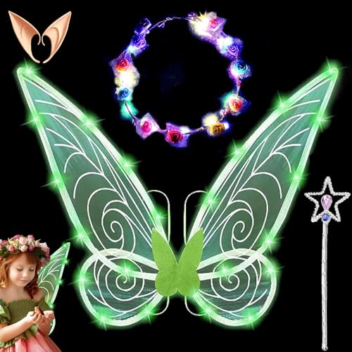 LED Feenflügel Leuchtende,Feenflügel Kinder,Schmetterlingsflügel mit Elfenöhren,LED Blumen Stirnband und Sterne Feenstäbe,Fairy Wings,Flügel Fee,für Halloween,Karneval,Party,Fasching Kostüm von Shengruili