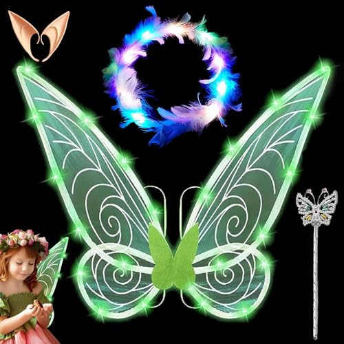 LED Feenflügel Leuchtende,Feenflügel Kinder,Schmetterlingsflügel mit Elfenöhren,LED Feder Stirnbänder und Schmetterling Feenstäbe,Fairy Wings,Flügel Fee,für Halloween,Karneval,Party,Fasching Kostüm von Shengruili