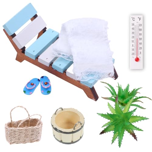 Miniatur Deko Sauna Zubehör Set,Wellness Deko Zubehör,Mini Strandkorb Korb Hausschuhe Eimer Badetuch,DIY Deko Mini Gartenmöbel,Miniatur Wichtel Zubehör,Mini Puppenhaus Zubehör von Shengruili