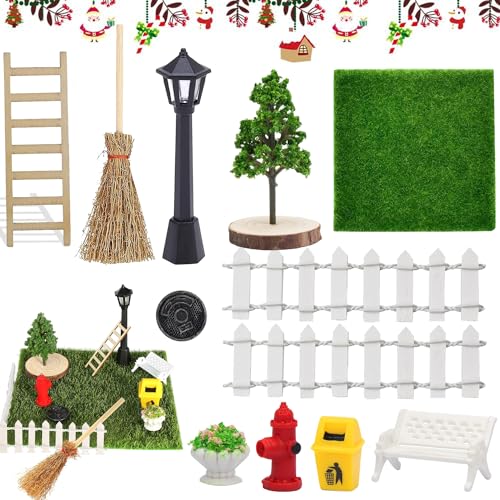 Miniatur Garten Zubehör,Mini Garten Möbel Deko Set für 1:12 Puppenhaus,mit Miniatur Kunstrasen Zaun Bank Holzleiter Baum Straßenlampe Besen,Miniaturgarten Mini Ornament von Shengruili