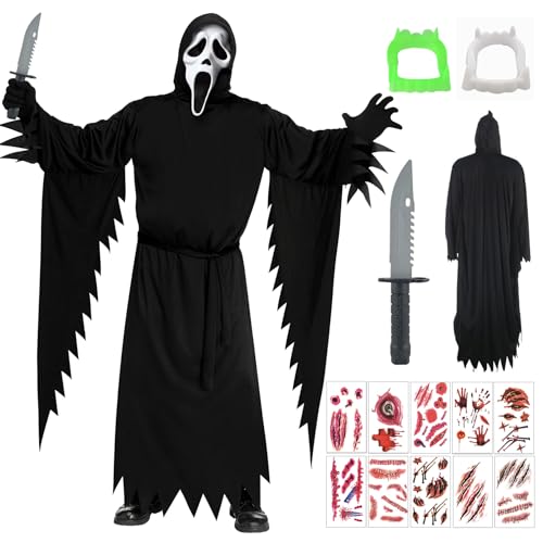 Scream Costume,Halloween Horror Geister Kostüm,Ghost Kostüm Erwachsene,Gruseliges Geistergesicht,Gruseliges Geistergesicht Kostüm,Screaming Ghost Costume,Gruseliges Ghost Kostüm mit Falschem Messer von Shengruili