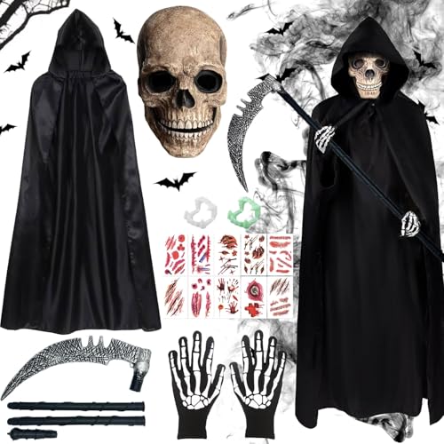 Halloween Sensenmann Kostüm Kinder,Sensenmann Kinderkostüm,Reaper Kostüm,Grim Reaper Sensenmann,Sensenmann Halloween,Halloween Kostüm Set,Vampir Umhang Sichel Kleidung für Party Karnevals Cosplay von Shengruili