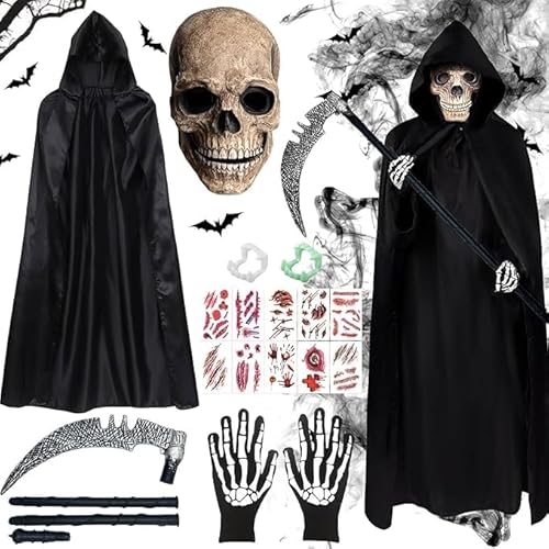 Shengruili Halloween Sensenmann Kostüm Kinder,Halloween Maske Set mit Sensenmann Sense Totenkopfhandschuhe,Vampir Umhang Sichel Kleidung,Sensenmann Kinderkostüm für Halloween Karneval Cosplay von Shengruili