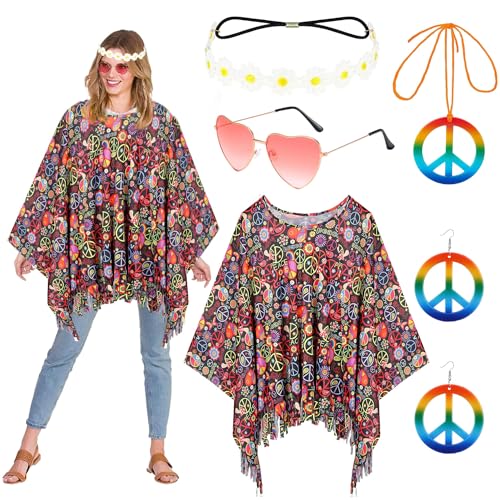 Shengruili 60er 70er Jahre Kostüm Damen,Hippie Kostüm Damen Set,Damen Poncho Set mit Hippie Accessoires,Hippie Kleid Damen,Disco Halloween Outfits,Hippie Damen Kleid Set für Halloween,Karneval Party von Shengruili