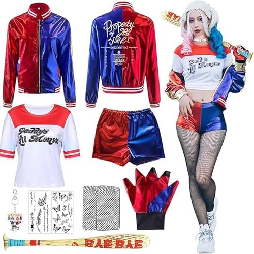 Kostüm Kinder,Quinn Cosplay Kostüme für Erwachsene,Mädchen Bösewicht Kostüm Kit Enthalten Jacke T-Shirt,Shorts,Handschuh und Ballon Stick,Quinn Kostüm Halloween Karneval Cosplay von Shengruili