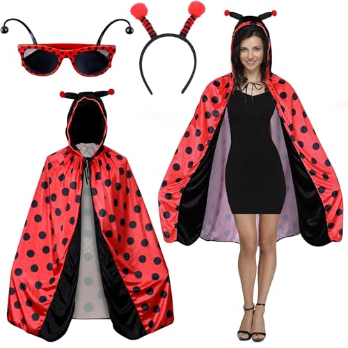 Shengruili Damen Marienkäfer Kostüm,Lady bug kostüm,Marienkäfer kostüm erwachsene,Marienkäfer Kleidung mit Accessoires,Karneval Rot/Schwarz Umhang Party,Ladybug kostüm erwachsene von Shengruili