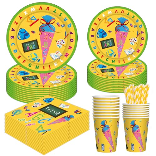 Shengruili 60 Teile Schulanfang Partygeschirr Set,Einschulung Deko Set,Schuleinführung Schulanfang,Schulanfang Servietten Papier Teller Papier Strohhalme für Schulanfang Party Dekoration von Shengruili