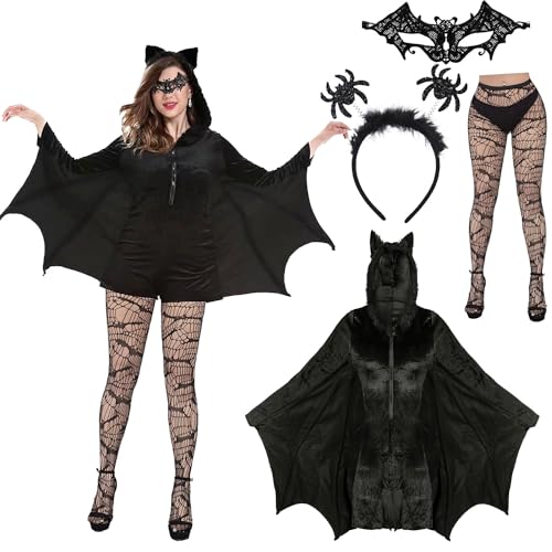 Shengruili Fledermaus Kostüm Damen,4Pcs Set Damen Schwarz Fledermaus,Halloween Kostüm Frauen Fledermaus,Karneval Kostüm Damen Teufel,Faschingskostüme Damen für Karneval Fasching Cosplay von Shengruili