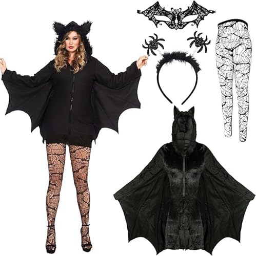 Fledermaus Kostüm Damen,4Pcs Set Damen Schwarz Fledermaus,Halloween Kostüm Frauen Fledermaus,Damen Fledermaus,Kleidung für Cosplay Halloween Karneval Party Kapuze mit Maske Netzstrümpfe Haarband von Shengruili