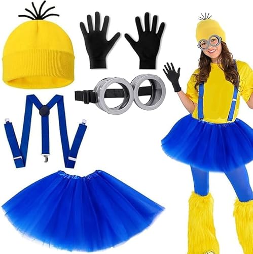 Shengruili 5 Stück Minion Kostüm Zubehör,Gelbes Kostüm set für cosplay,Kostüm Cosplay for Erwachsener and Kinder,Faschingskostüm,Steampunk Brille,Schwarze Handschuhe und Gelbe Beanie Hüte von Shengruili