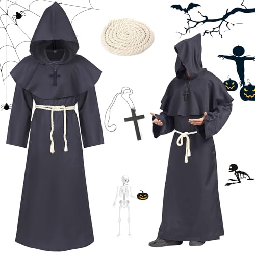 Shengruili Halloween Mönch Robe,Mönch Kostüm mit Kreuzanhänger und Gürtel,Priester Mönch Gewand Kostüm,Mittelalterliche Kapuze Renaissance Robe für Mottoparty,Halloween,Karneval von Shengruili