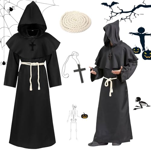 Shengruili Halloween Mönch Robe,Mönch Kostüm mit Kreuzanhänger und Gürtel,Priester Mönch Gewand Kostüm,Mittelalterliche Kapuze Renaissance Robe für Mottoparty,Halloween,Karneval von Shengruili