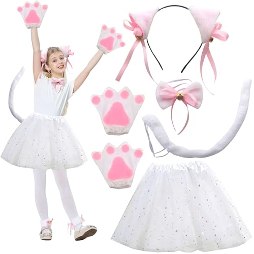 Shengruili Katzenkostüm Kinder,Katze Cosplay Set,Tierkostüm Kinder,Kostüm Katze Mädchen,Kostüm Katze Kinder,Katzen-Cosplay-Set für Mädchen,Halloween Karneval Verkleidung Party-Kostüm von Shengruili