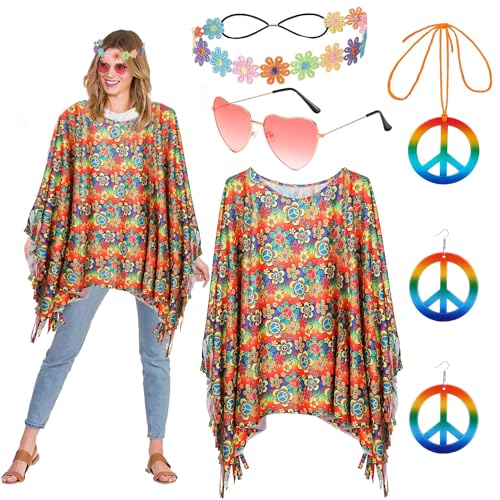 Shengruili 60er 70er Jahre Kostüm Damen,Hippie Kostüm Damen Set,Damen Poncho Set mit Hippie Accessoires,Hippie Kleid Damen,Disco Halloween Outfits,Hippie Damen Kleid Set für Halloween,Karneval Party von Shengruili