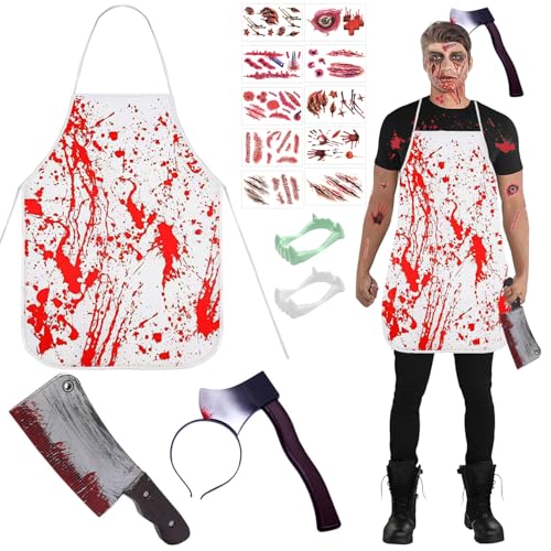 Metzger Kostüm Halloween,Kopfschmuck blutige Axt im Kopf,Axt Haarreif mit Blut Halloween,Horror Haarschmuck Blutig mit Blutige Schürze,Horror-Accessoires für Halloween Karneval Kostüm Party von Shengruili