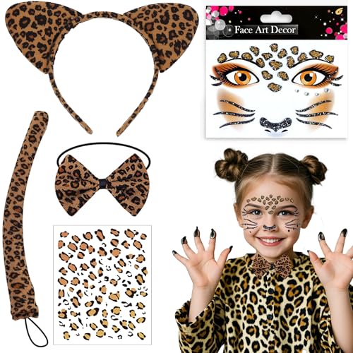 5 Stück Leoparden Kostüm Set,Leoparden Kostüm Damen,Leopard Gesichts Kunst Aufkleber,Leopard Kostüm Kinder,Leoparden Ohren Haarreif,Leopard Schwanz,Fliege für Fasching,Karneval,Party Animals von Shengruili