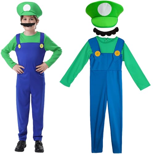 Shengruili Mario Kostüm Luigi Kostüm Set,Luigi Kostüm,Bros Cosplay Kostüm,Damen Herren Jungen Madchen Outfit für Weihnachten Karneval Faschingskostüme von Shengruili