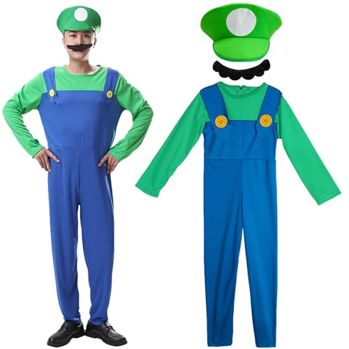 Shengruili Mario Kostüm Luigi Kostüm Set,Luigi Kostüm,Bros Cosplay Kostüm,Damen Herren Jungen Madchen Outfit für Weihnachten Karneval Faschingskostüme von Shengruili