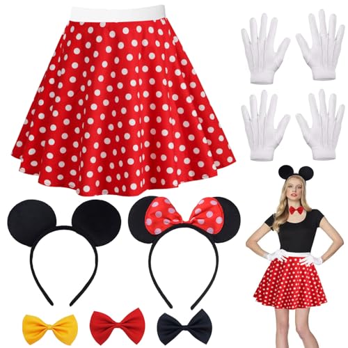 Shengruili Maus Mouse Kostüm,Minnie Mouse Kostüm,Mouse Kostüm Damen Zubehör,Mouse Tutu Rock Haarreifen,Mini Maus Karneval Kostüm Damen Fasching mit Rock Punkte,Maus Ohren,Handschuhe,Fliege von Shengruili